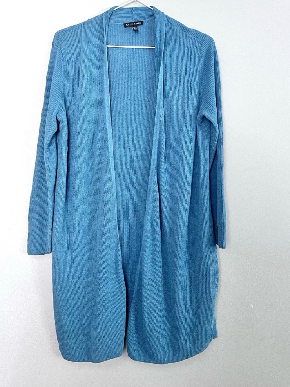 Eileen Fisher Light Blue Ribbed Open Cardigan Size M Organic Linen Quiet Luxury